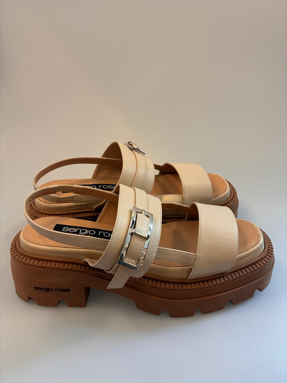 Sergio Rossi sr Twenty Buckle Platform Lug Sandals - Cream Leather - Size 38
